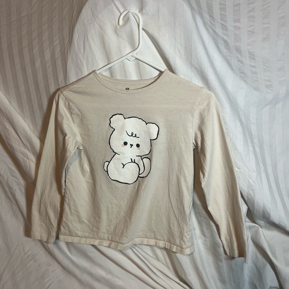HM Kids Cream Bear Graphic Long Sleeve T-Shirt Beige Size 8/10 Cotton Blend